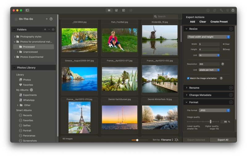 iBatch on Mac: a batch of images with export actions for resizing, renaming, metadata, and format
