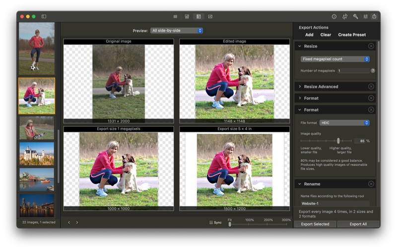 iBatch on Mac: previewing a final image side-by-side in multiple export sizes and formats