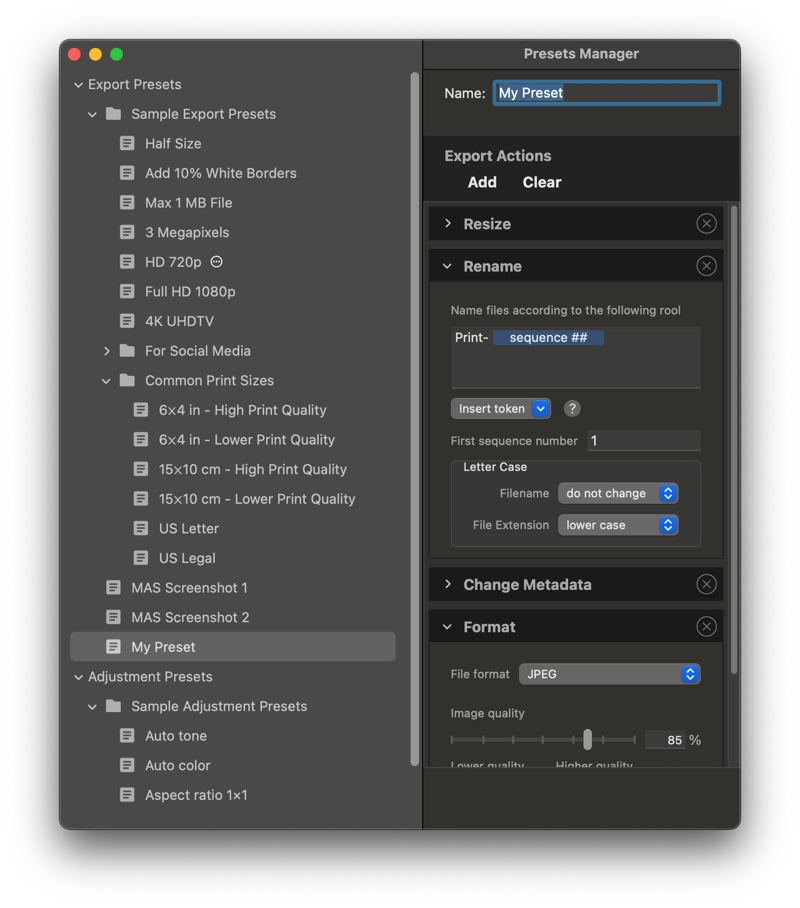 iBatch on Mac: saving export and adjustment settings as reusable presets