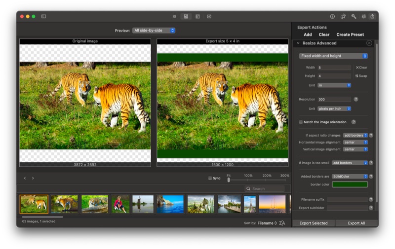 iBatch on Mac: advanced resizing options with exact dimensions, megapixels, and file size limit