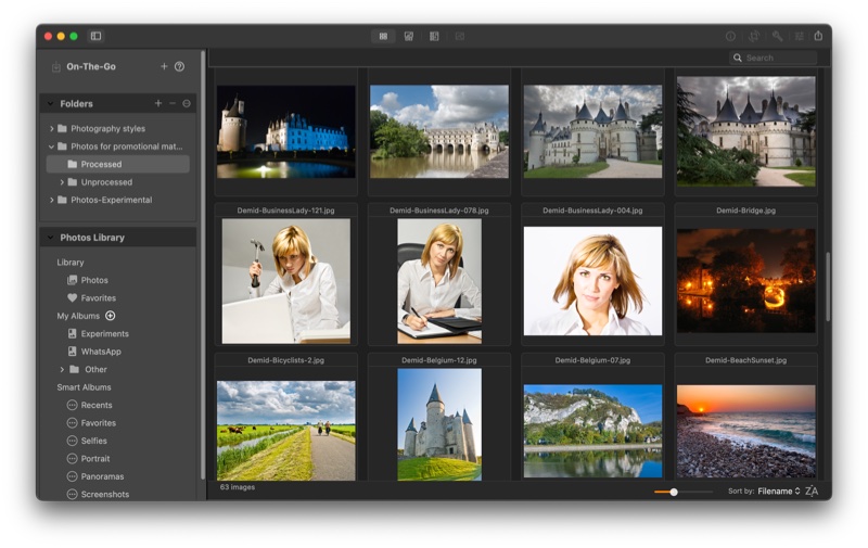 iBatch on Mac: browsing folders and the Photos Library in the source sidebar