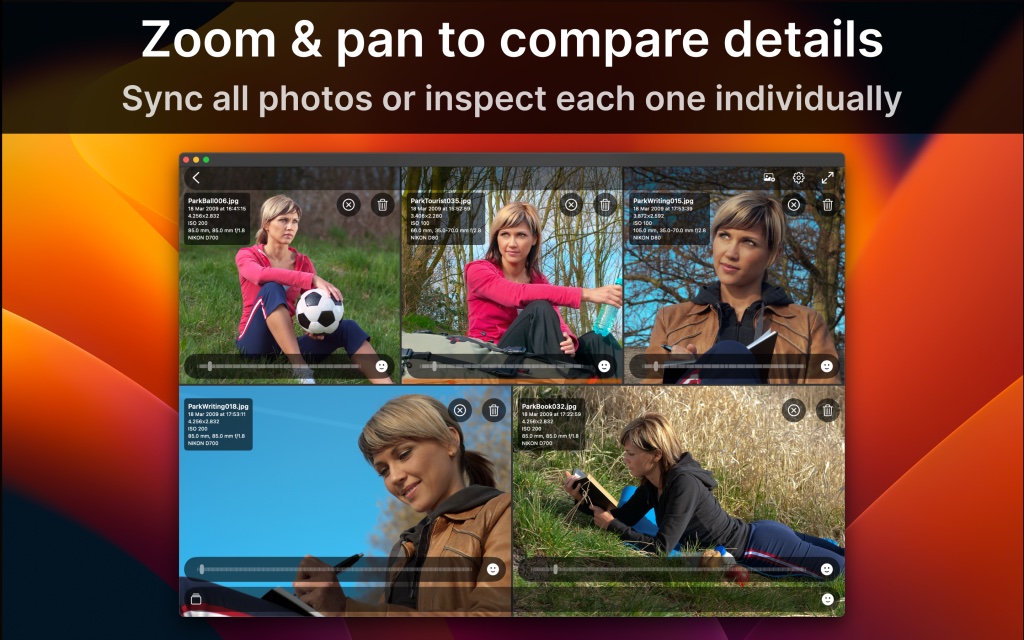 iPick on Mac: zooming and panning multiple compared photos in sync to spot subtle differences