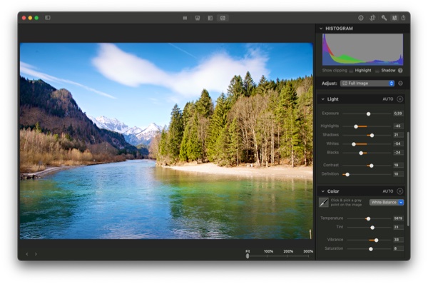 Photo Sense on Mac: processing a RAW photo with automatic enhancement and adjustment controls