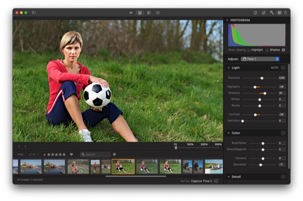 Photo Sense on Mac: lightening and adjusting automatically detected faces in a photo