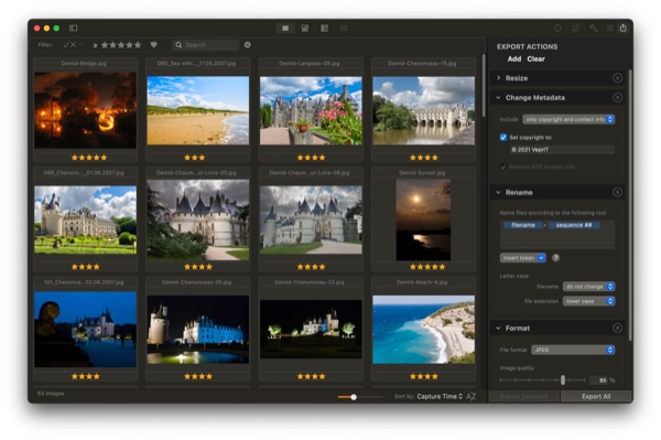 Photo Sense on Mac: export options with batch resizing, renaming, metadata changes, and format conversion